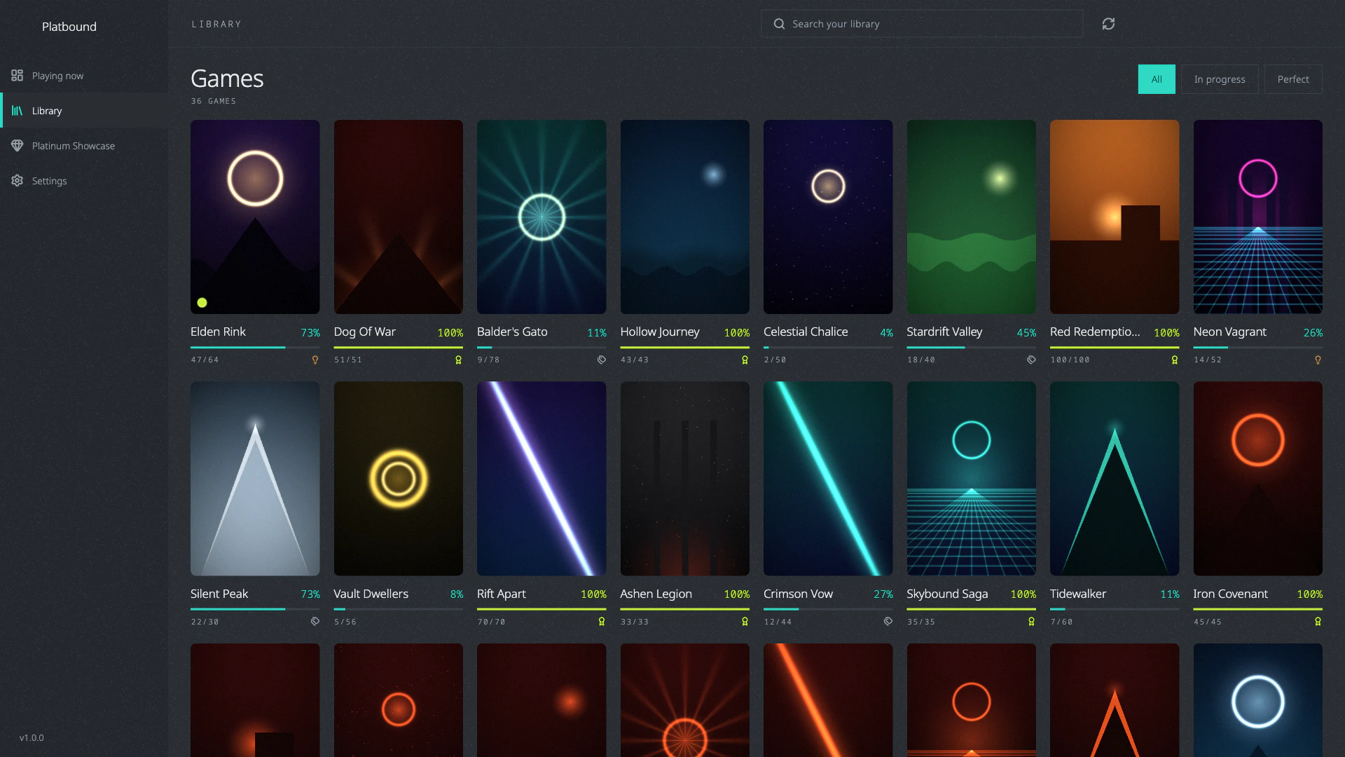 The library grid, each game showing its completion progress
